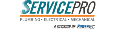 ServicePro logo, plumbing, electrical, mechanical services, Power Inc division.